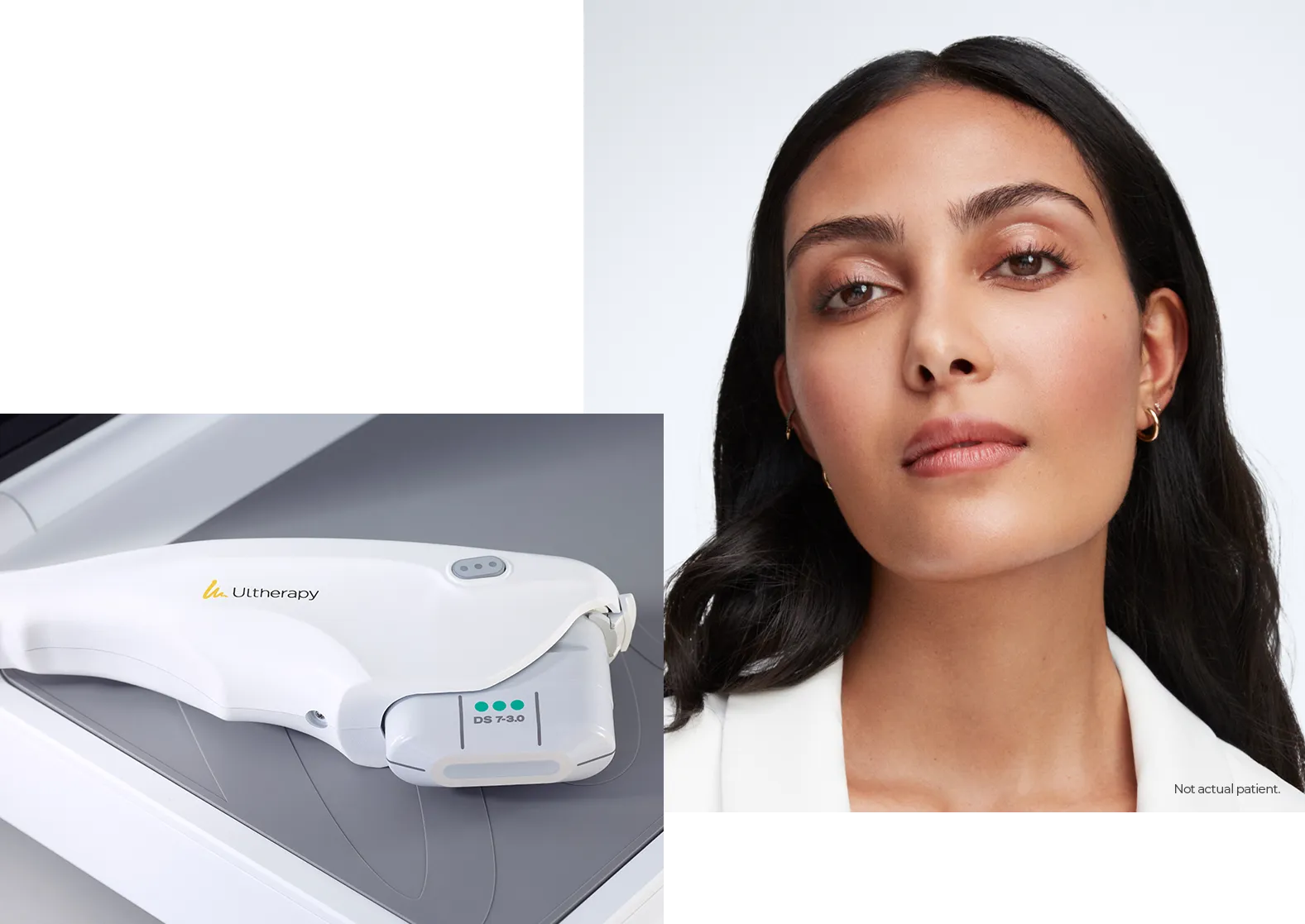 Close-up of the Ultherapy PRIME<sup>&reg;</sup> handpiece alongside a model (not an actual patient).